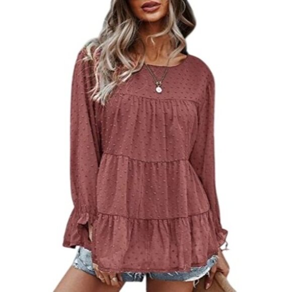 Pretty Garden Women's Swiss Dot Chiffon Ruffled-Sleeve Casual Blouse Pink Medium - Picture 2 of 12